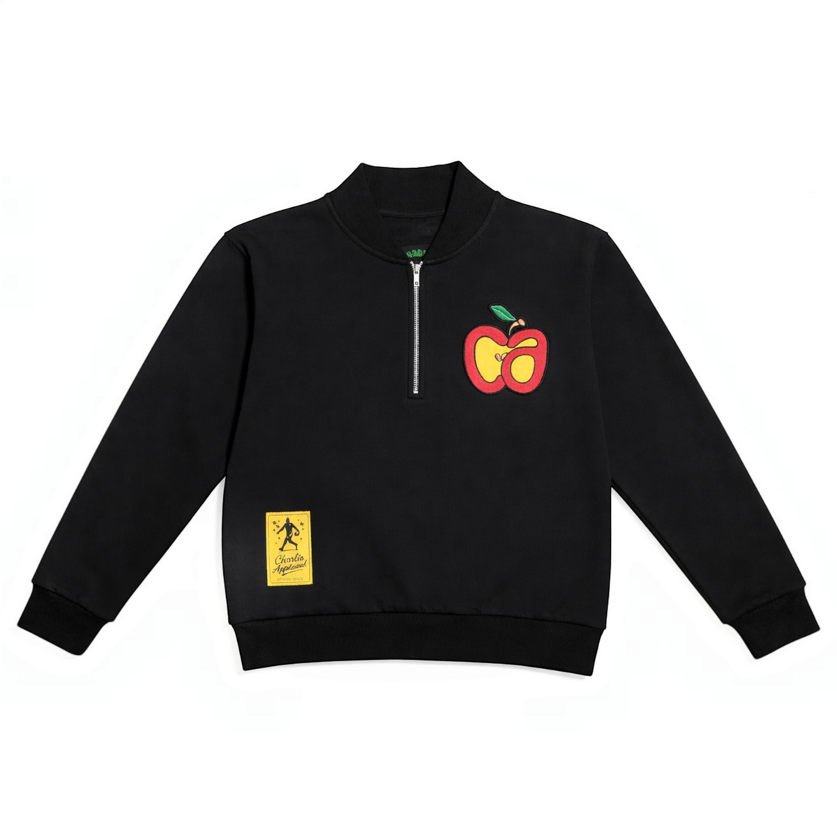 Charlie Appleseed black cotton quarter-zip sweatshirt with embroidered apple logo and yellow woven brand label