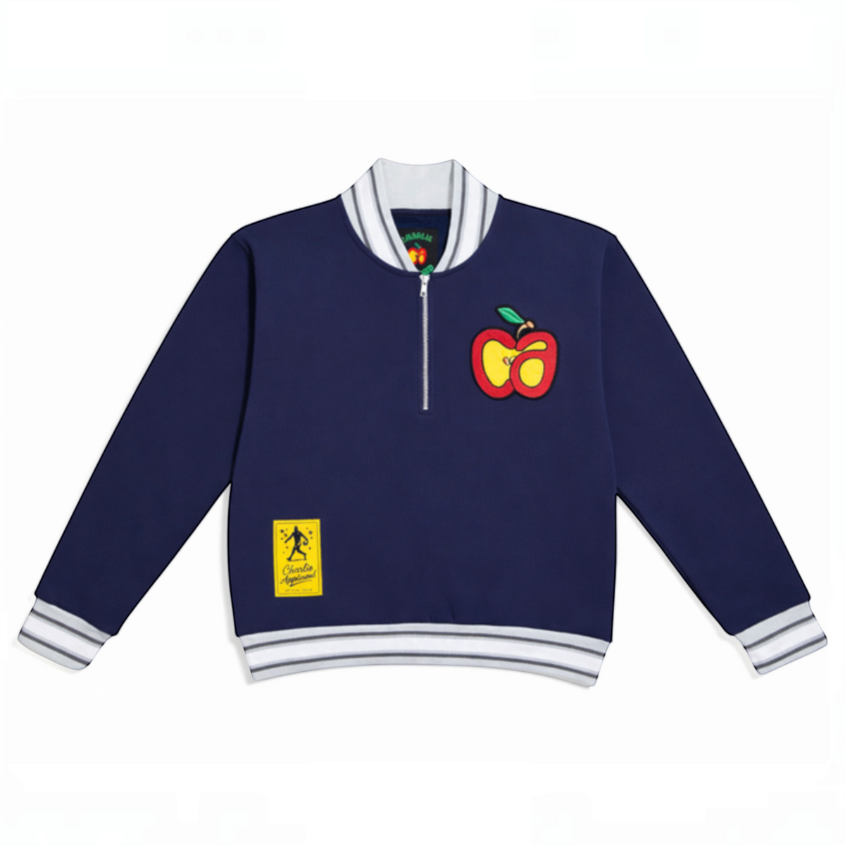 Charlie Appleseed navy cotton quarter-zip award top with embroidered apple logo and signature woven label